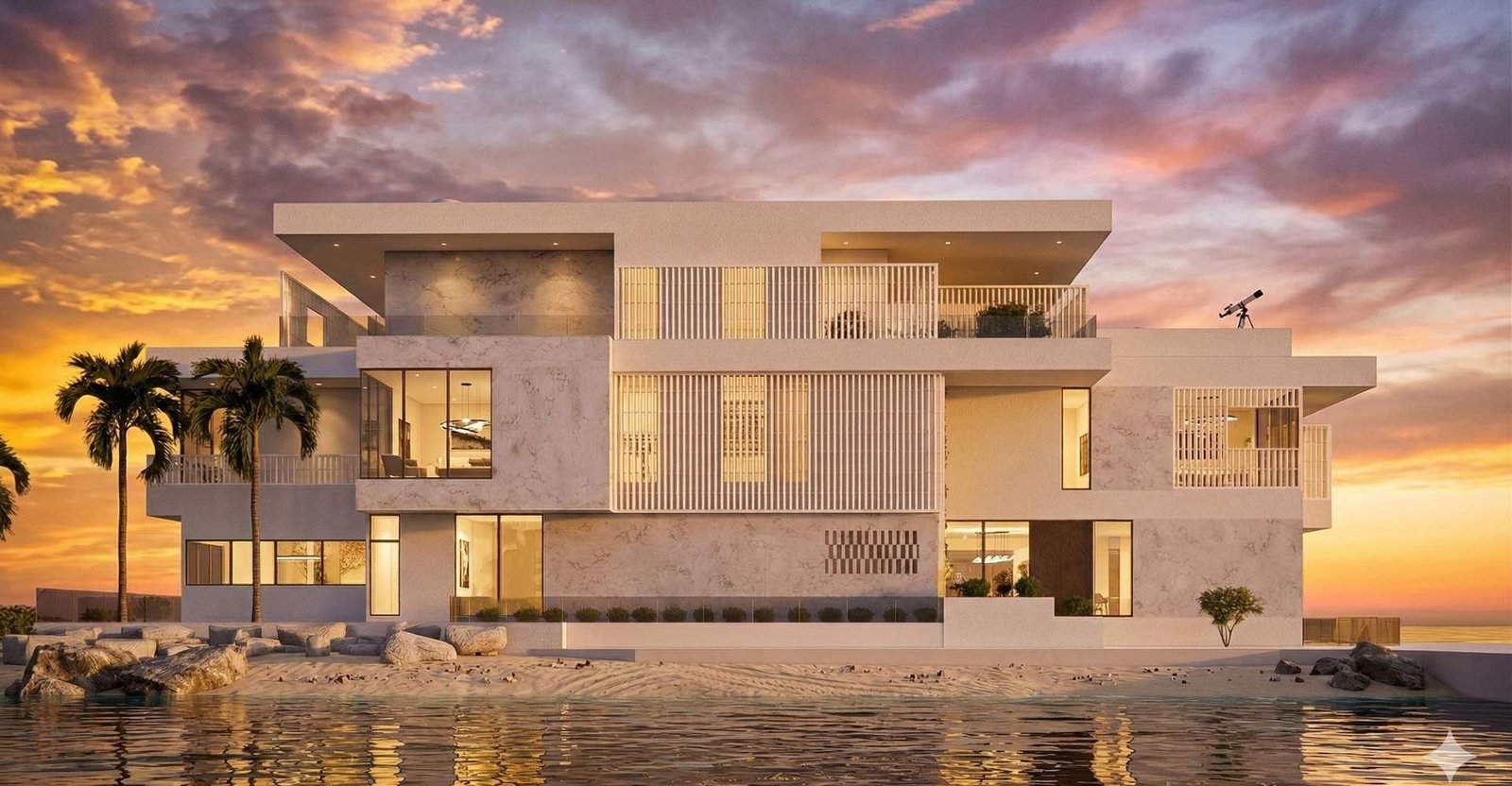 Principal elevation at sunset