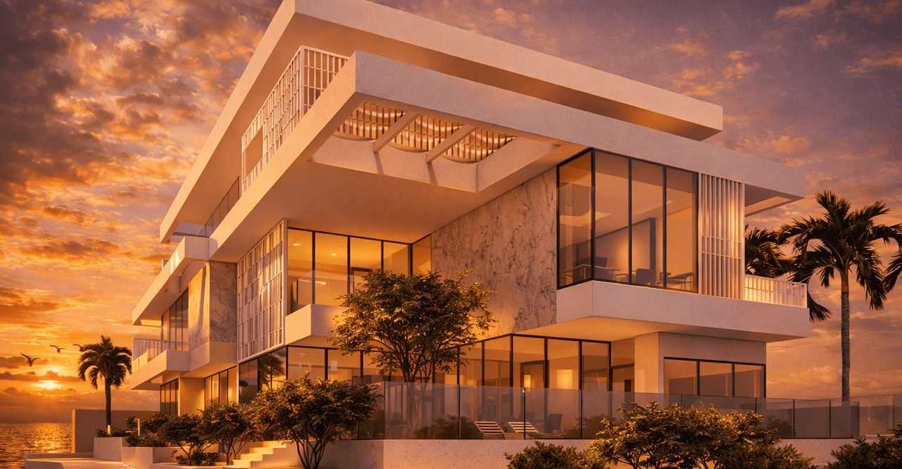 Al Dar private villa at sunset with layered terraces and stone cladding