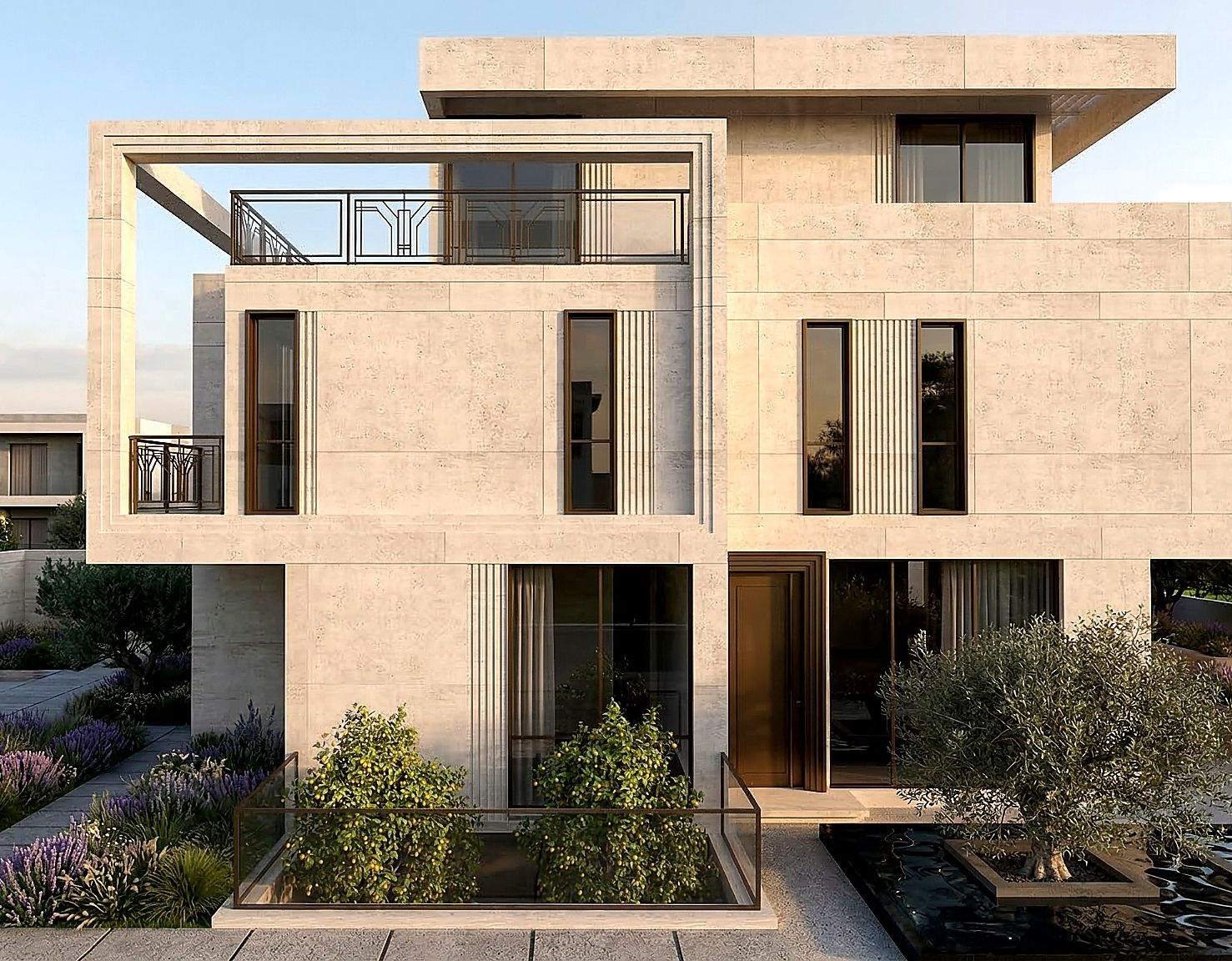 Front elevation in light stone with geometric framing