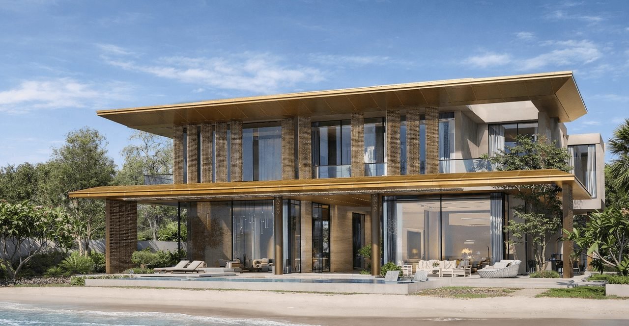Waterfront elevation of the Jubail Island villa beneath its horizontal roof canopy