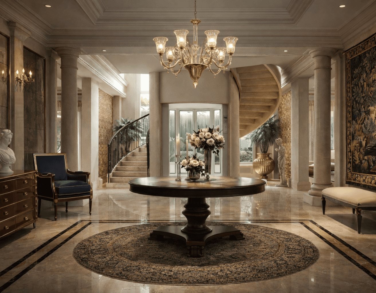 Entrance foyer with Crema Marfil flooring and Honey Onyx inlay