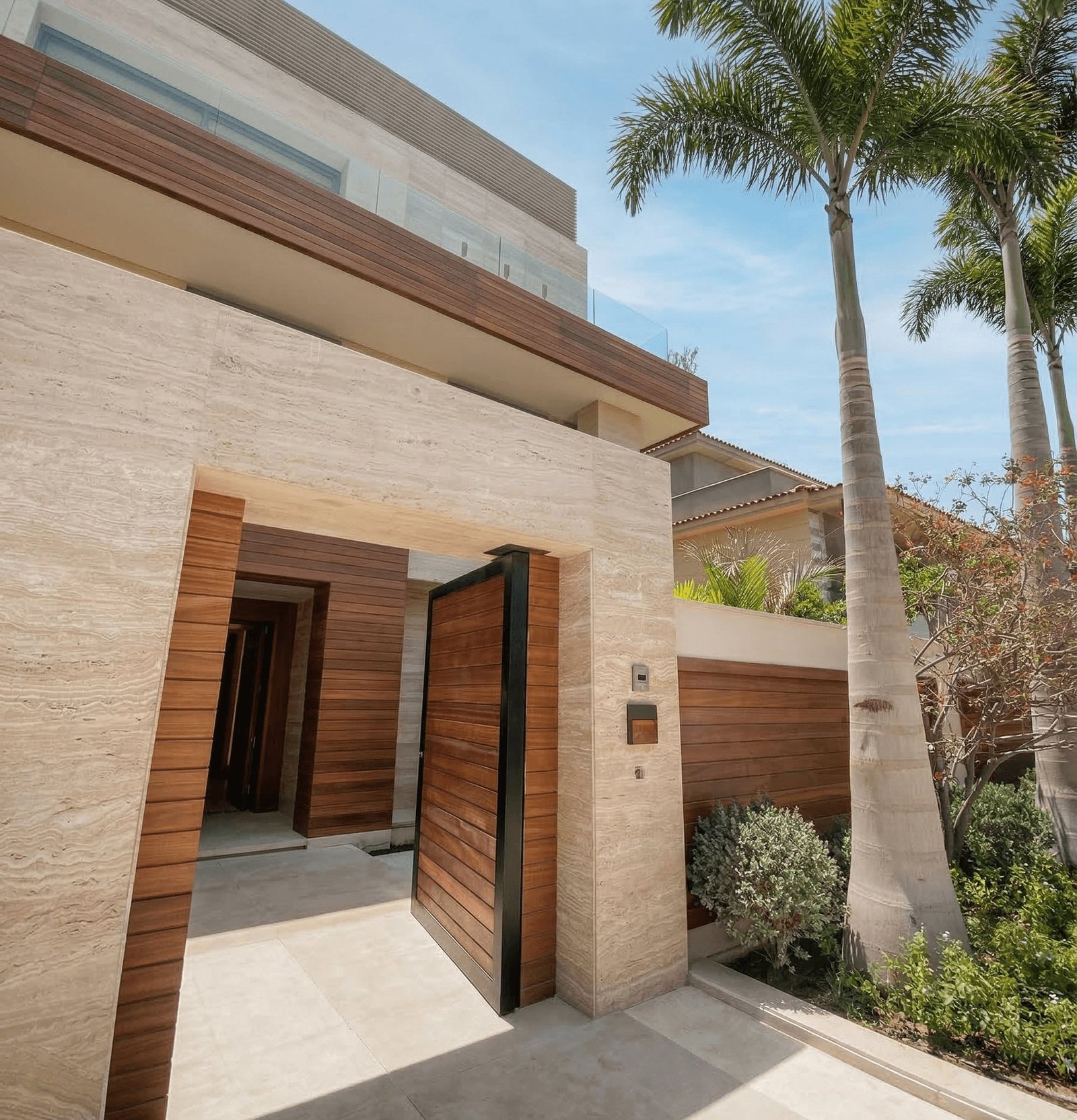 Entrance with vertical wood inlays