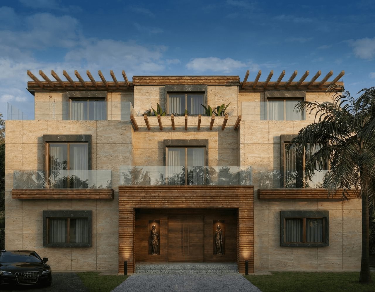 Main facade in light travertine with Nero Marquina window surrounds