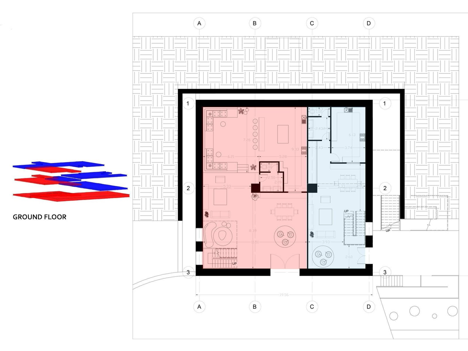 Ground floor plan showing the two interlayered apartments