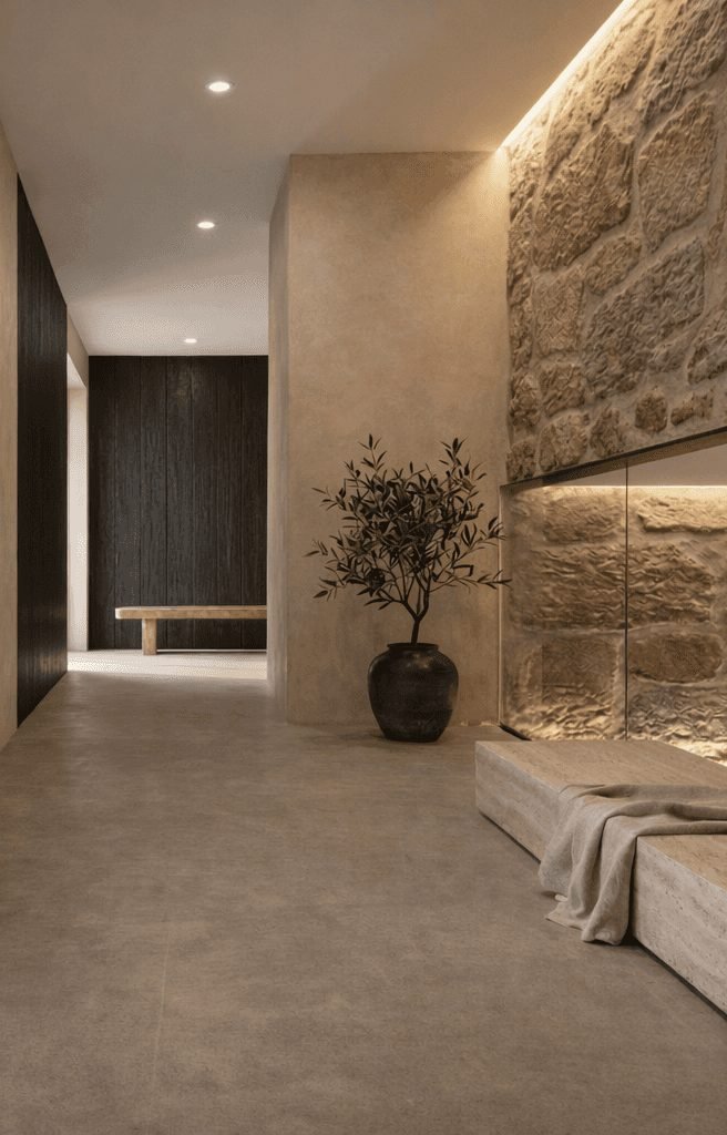 Entrance corridor in lime plaster and stone